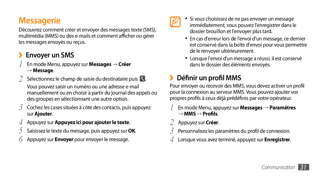 Samsung GT-B7722QKAOMX, GT-B7722QKAHAT, GT-B7722QKAXEO, GT-B7722QKIBGL Messagerie, ››Envoyer un SMS, ››Définir un profil MMS 