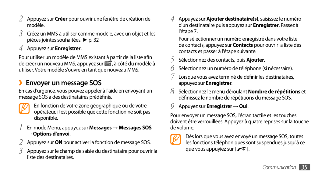 Samsung GT-B7722QKAOMX, GT-B7722QKAHAT manual ››Envoyer un message SOS, → Options denvoi, Appuyez sur Enregistrer → Oui 