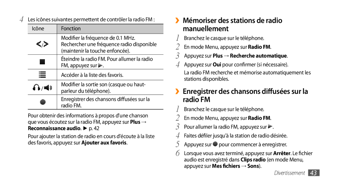 Samsung GT-B7722QKAOMX, GT-B7722QKAHAT ››Mémoriser des stations de radio manuellement, Appuyez sur Mes fichiers → Sons 