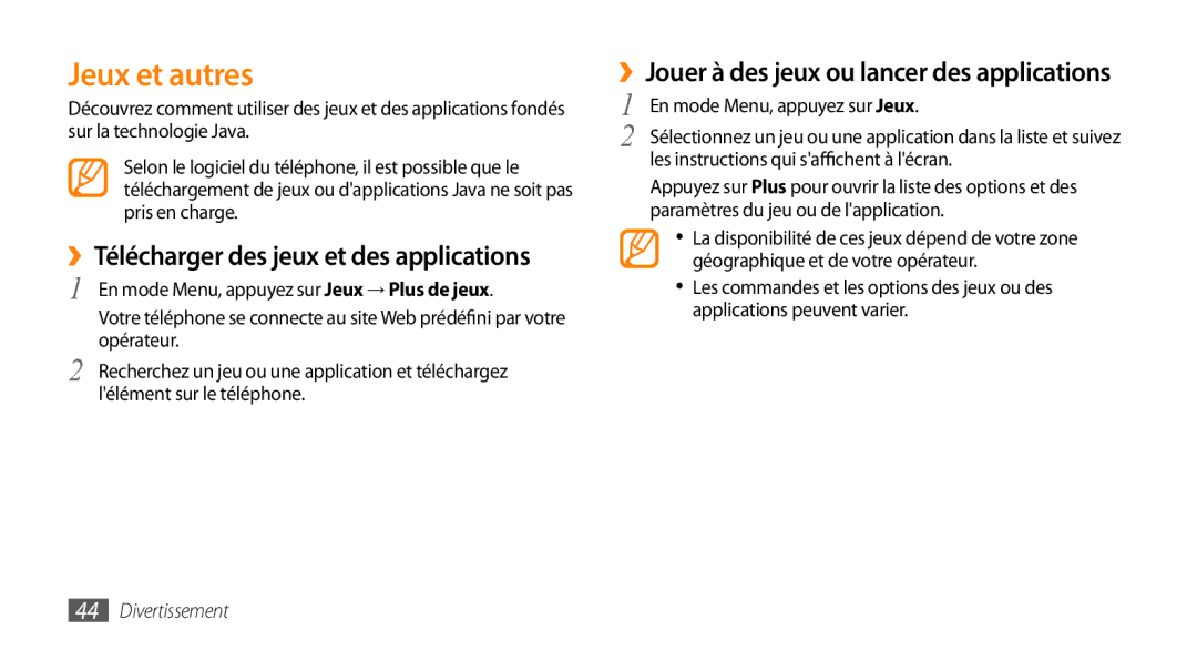 Samsung GT-B7722QKAHAT manual Jeux et autres, ››Télécharger des jeux et des applications, En mode Menu, appuyez sur Jeux 