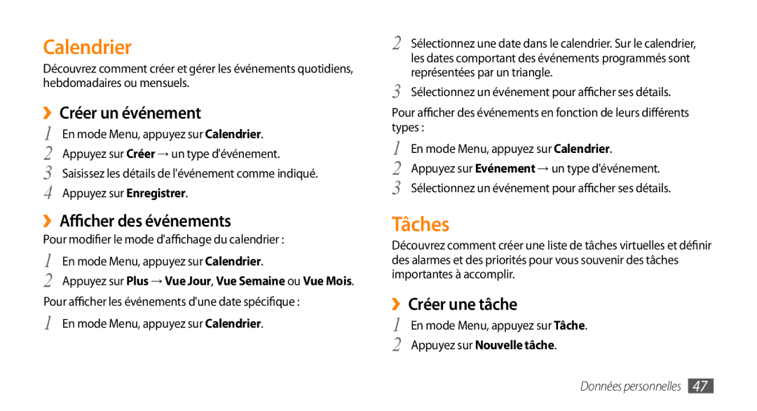 Samsung GT-B7722QKAOMX manual Calendrier, Tâches, ››Créer un événement, ››Afficher des événements, ››Créer une tâche 