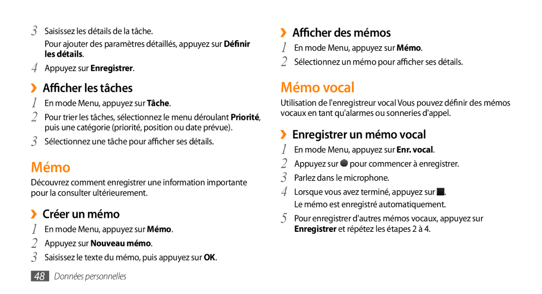 Samsung GT-B7722QKAHAT, GT-B7722QKAXEO, GT-B7722QKIBGL, GT-B7722QKAOMX manual Mémo vocal 