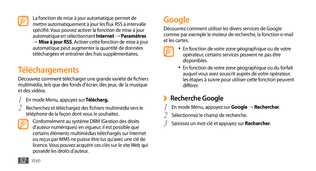 Samsung GT-B7722QKAHAT, GT-B7722QKAXEO, GT-B7722QKIBGL, GT-B7722QKAOMX manual Téléchargements, ››Recherche Google, 52 Web 