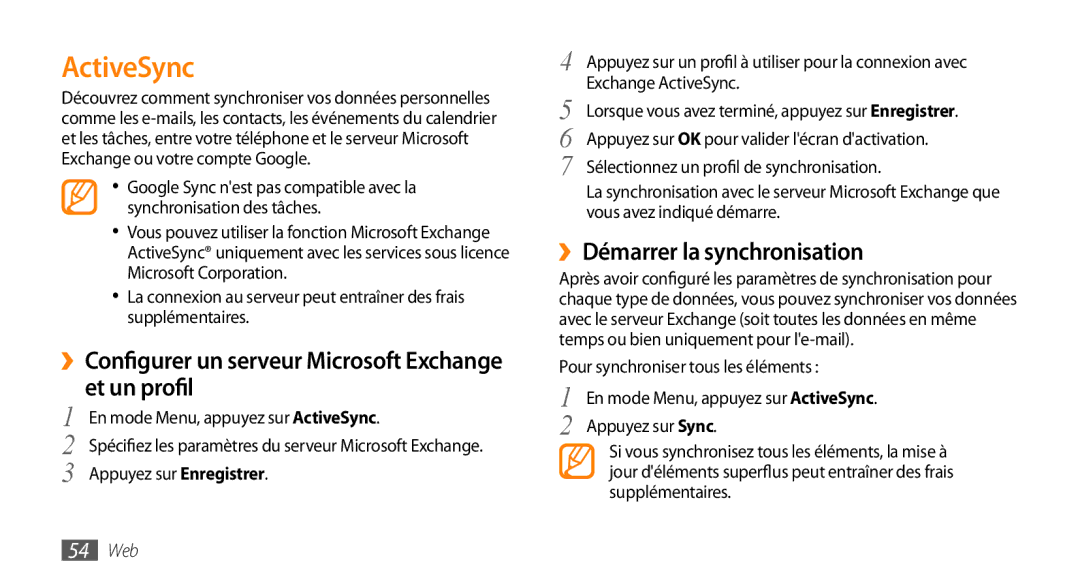 Samsung GT-B7722QKIBGL, GT-B7722QKAHAT manual ActiveSync, ››Configurer un serveur Microsoft Exchange et un profil, 54 Web 