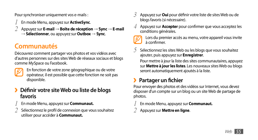 Samsung GT-B7722QKAOMX manual Communautés, ››Définir votre site Web ou liste de blogs favoris, ››Partager un fichier 