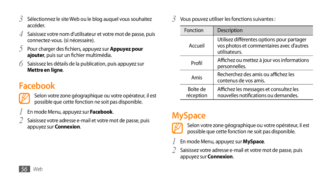 Samsung GT-B7722QKAHAT, GT-B7722QKAXEO, GT-B7722QKIBGL, GT-B7722QKAOMX manual Facebook, MySpace, Mettre en ligne, 56 Web 