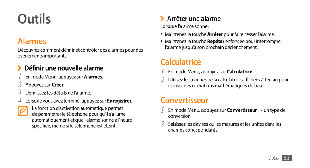 Samsung GT-B7722QKAOMX, GT-B7722QKAHAT, GT-B7722QKAXEO, GT-B7722QKIBGL manual Outils, Alarmes, Calculatrice, Convertisseur 