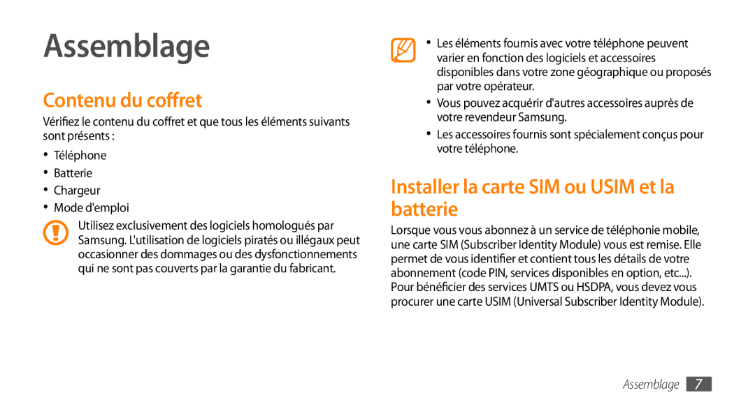 Samsung GT-B7722QKAOMX, GT-B7722QKAHAT manual Assemblage, Contenu du coffret, Installer la carte SIM ou Usim et la batterie 