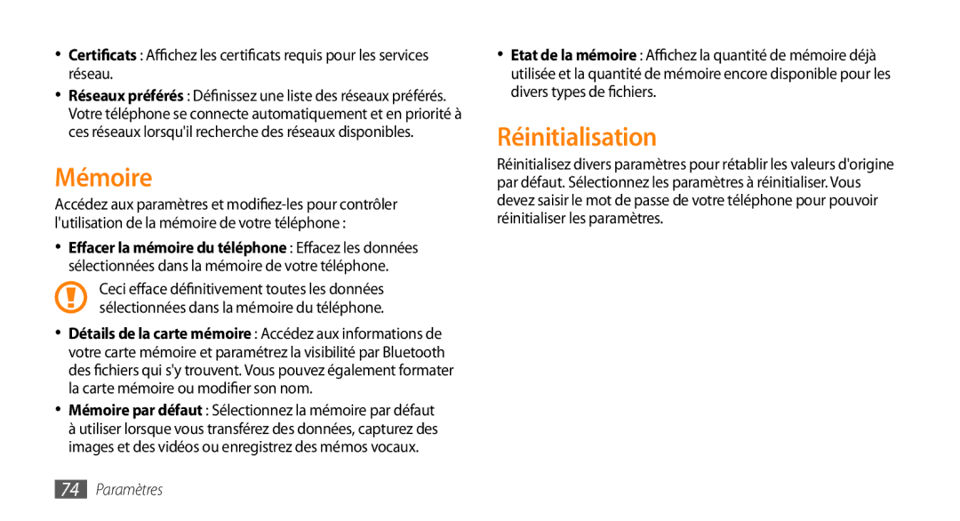 Samsung GT-B7722QKIBGL, GT-B7722QKAHAT, GT-B7722QKAXEO, GT-B7722QKAOMX manual Mémoire, Réinitialisation 