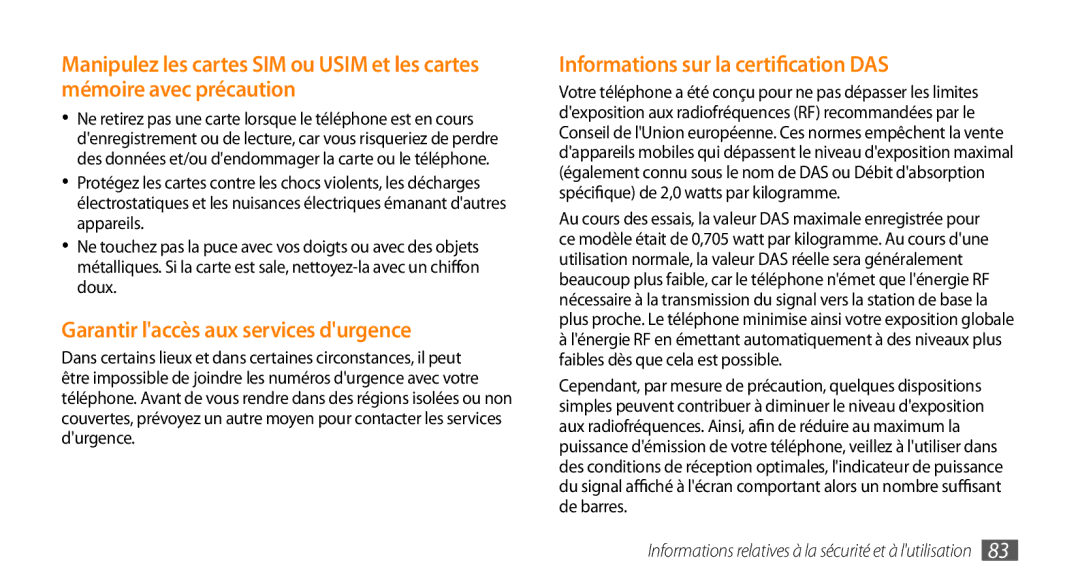 Samsung GT-B7722QKAOMX, GT-B7722QKAHAT manual Garantir laccès aux services durgence, Informations sur la certification DAS 