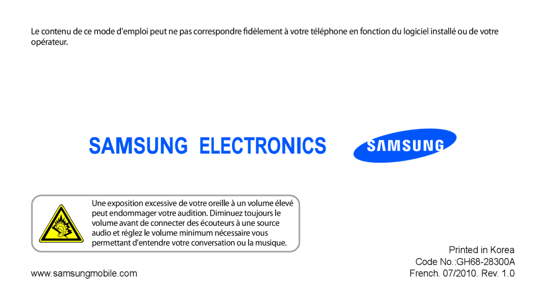 Samsung GT-B7722QKAHAT, GT-B7722QKAXEO, GT-B7722QKIBGL, GT-B7722QKAOMX manual Code No.GH68-28300A French /2010. Rev 