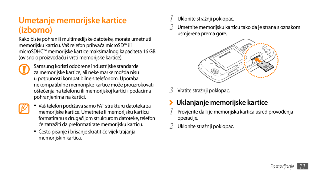 Samsung GT-B7722QKATRA, GT-B7722QKATWO Umetanje memorijske kartice izborno, ››Uklanjanje memorijske kartice, Operacije 