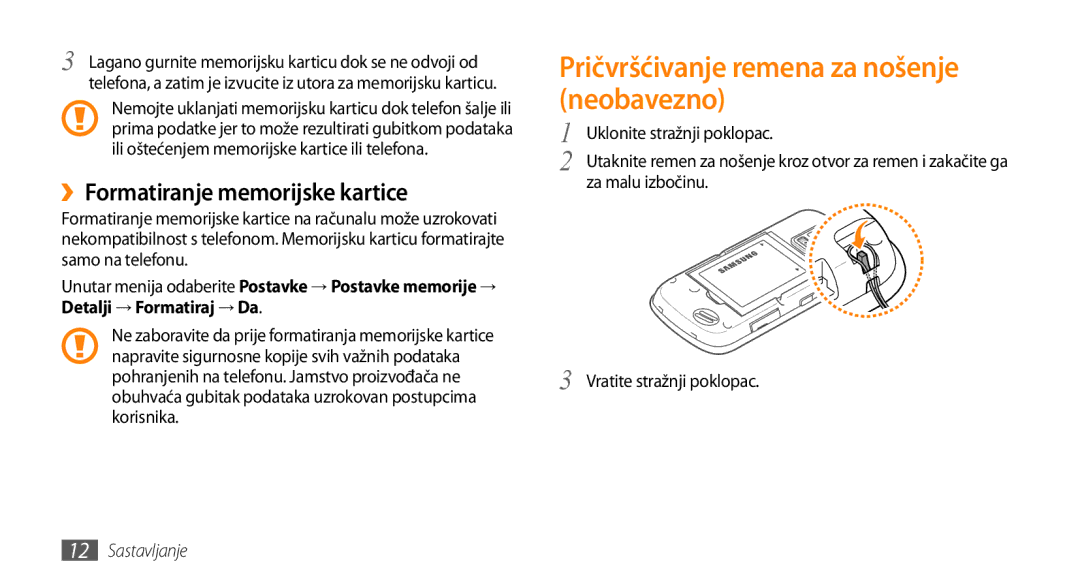 Samsung GT-B7722QKATWO, GT-B7722QKATRA manual Pričvršćivanje remena za nošenje neobavezno, ››Formatiranje memorijske kartice 