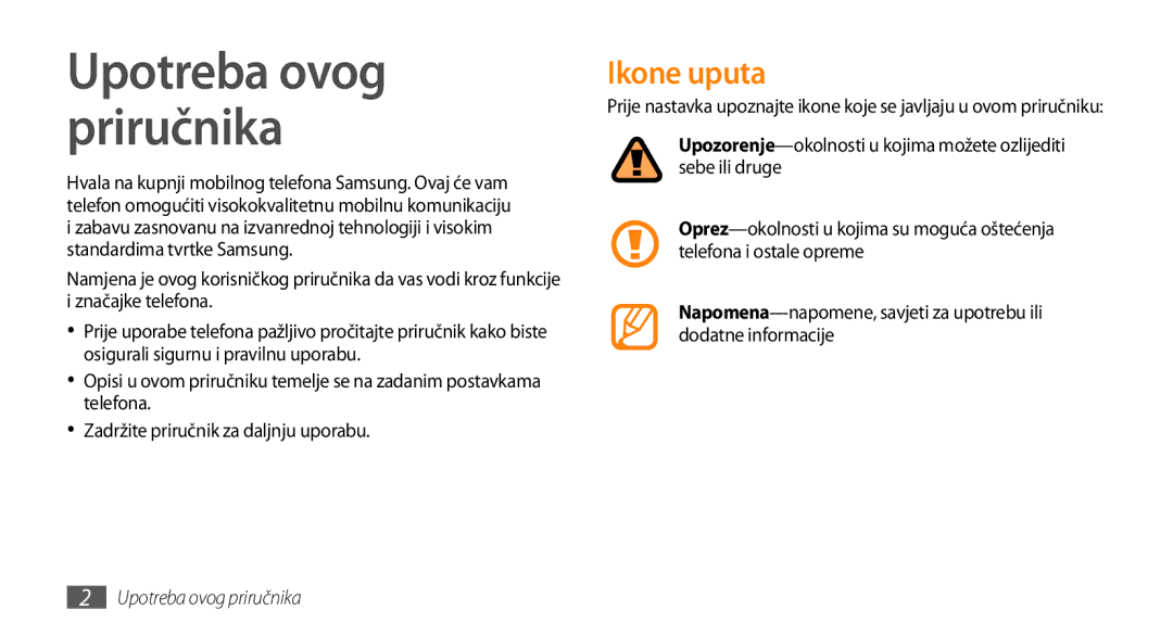 Samsung GT-B7722QKATWO, GT-B7722QKATRA manual Upotreba ovog priručnika, Ikone uputa 