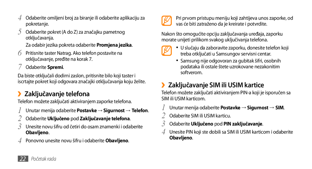 Samsung GT-B7722QKATWO, GT-B7722QKATRA manual ››Zaključavanje telefona, ››Zaključavanje SIM ili Usim kartice, Obavljeno 