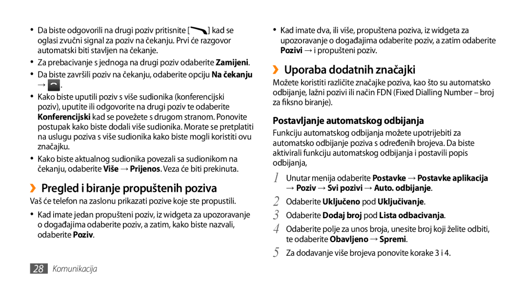 Samsung GT-B7722QKATWO, GT-B7722QKATRA manual ››Pregled i biranje propuštenih poziva, ››Uporaba dodatnih značajki 