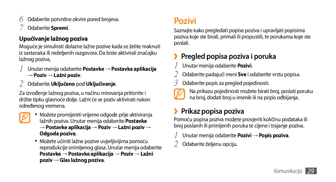 Samsung GT-B7722QKATRA, GT-B7722QKATWO manual ››Pregled popisa poziva i poruka, ››Prikaz popisa poziva 