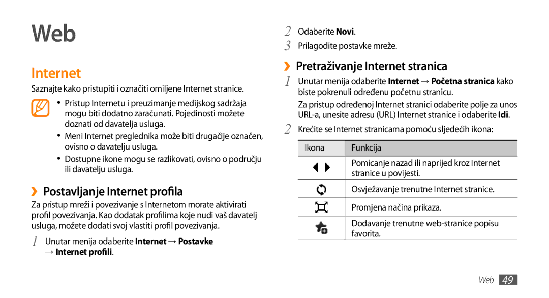 Samsung GT-B7722QKATRA Web, ››Postavljanje Internet profila, ››Pretraživanje Internet stranica, → Internet profili 