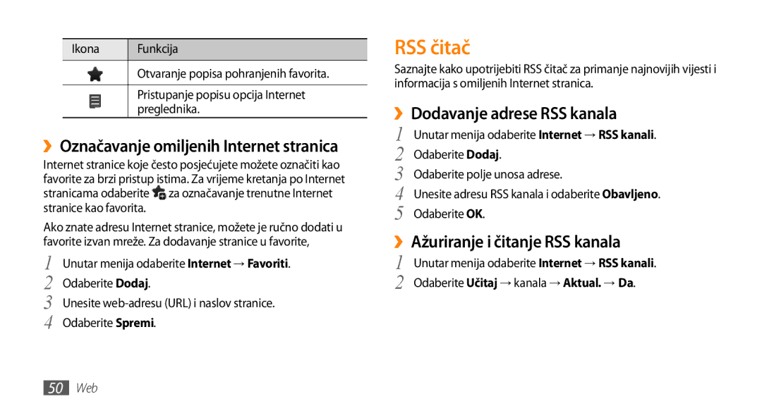 Samsung GT-B7722QKATWO, GT-B7722QKATRA RSS čitač, ››Označavanje omiljenih Internet stranica, ››Dodavanje adrese RSS kanala 