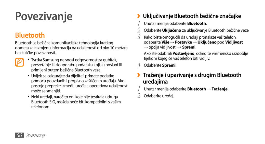 Samsung GT-B7722QKATWO, GT-B7722QKATRA manual Povezivanje, ››Uključivanje Bluetooth bežične značajke 