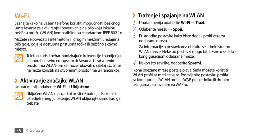 Samsung GT-B7722QKATWO, GT-B7722QKATRA manual Wi-Fi, ››Aktiviranje značajke Wlan, ››Traženje i spajanje na Wlan 