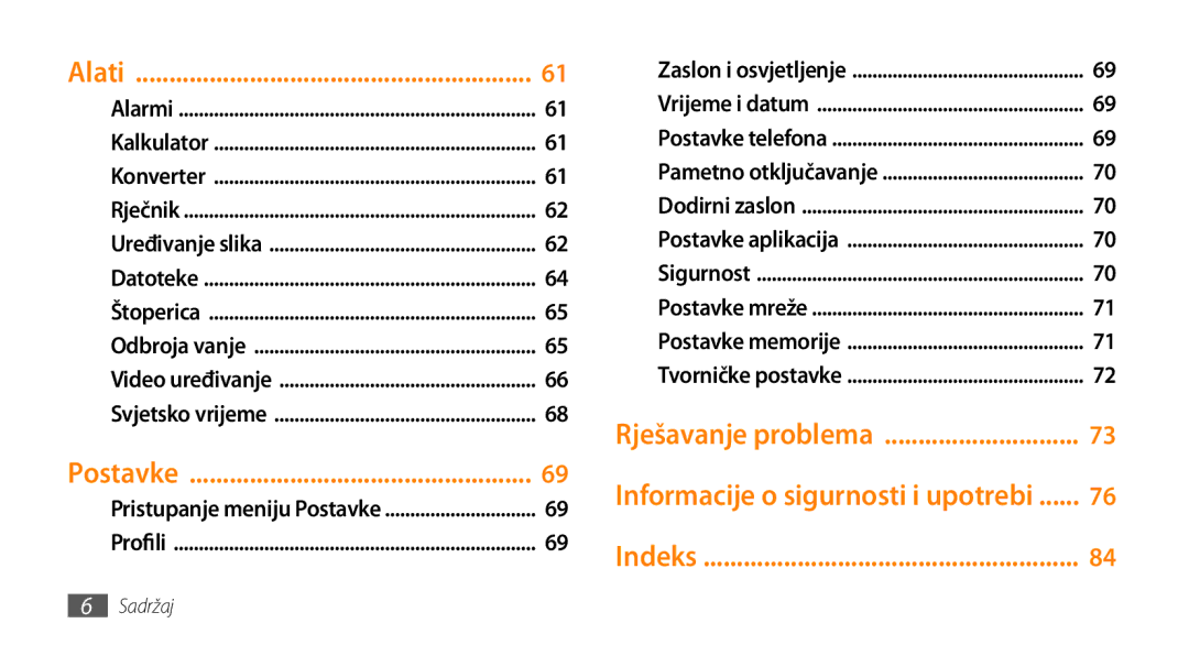 Samsung GT-B7722QKATWO, GT-B7722QKATRA manual Postavke, Rješavanje problema Informacije o sigurnosti i upotrebi 