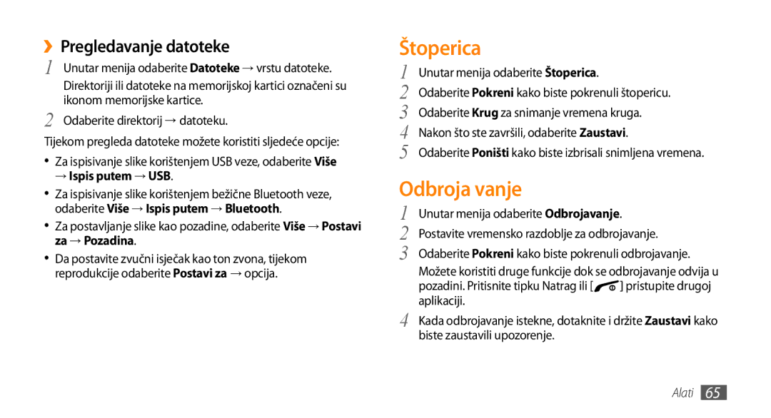 Samsung GT-B7722QKATRA, GT-B7722QKATWO manual Štoperica, Odbroja vanje, ››Pregledavanje datoteke, → Ispis putem → USB 