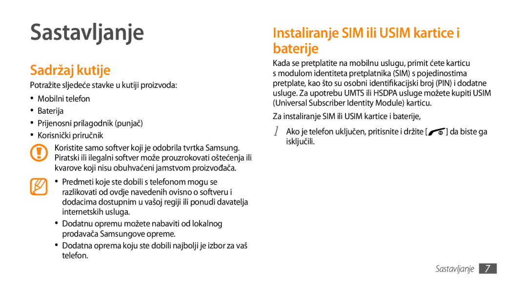 Samsung GT-B7722QKATRA, GT-B7722QKATWO manual Sastavljanje, Sadržaj kutije, Instaliranje SIM ili Usim kartice i baterije 