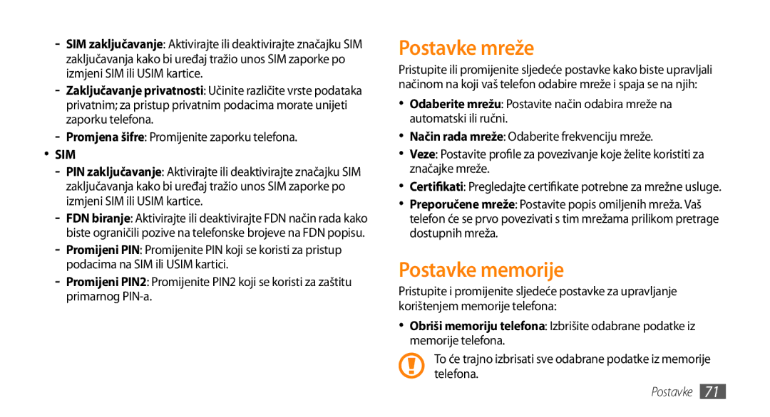 Samsung GT-B7722QKATRA, GT-B7722QKATWO manual Postavke mreže, Postavke memorije, Promjena šifre Promijenite zaporku telefona 