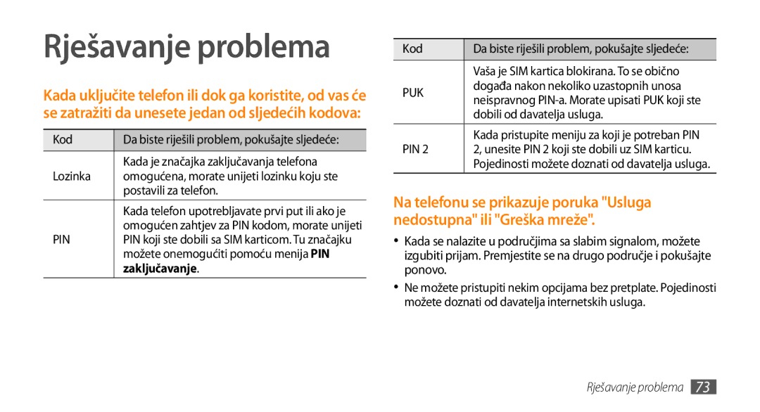 Samsung GT-B7722QKATRA, GT-B7722QKATWO manual Rješavanje problema, Zaključavanje 