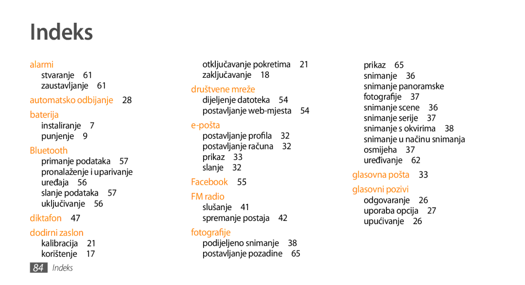 Samsung GT-B7722QKATWO, GT-B7722QKATRA manual Indeks, Primanje podataka 57 pronalaženje i uparivanje uređaja  