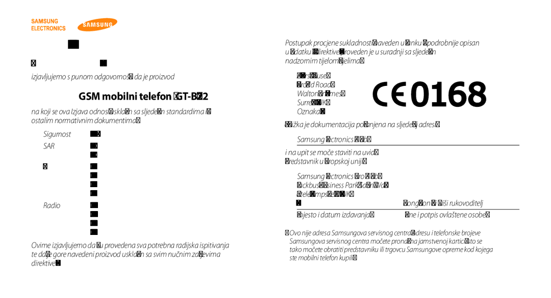 Samsung GT-B7722QKATRA, GT-B7722QKATWO manual GSM mobilni telefon GT-B7722, Samsung Electronics 