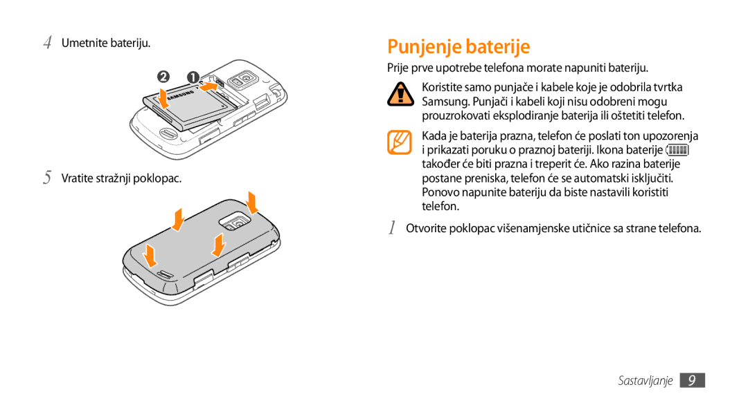 Samsung GT-B7722QKATRA, GT-B7722QKATWO manual Punjenje baterije, Umetnite bateriju Vratite stražnji poklopac 