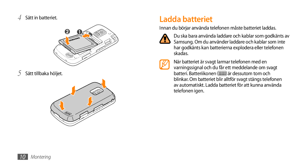 Samsung GT-B7722QKAXEE, GT-B7722QKANEE manual Ladda batteriet, Sätt in batteriet Sätt tillbaka höljet 