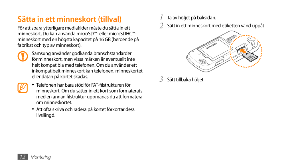 Samsung GT-B7722QKAXEE, GT-B7722QKANEE manual Sätta in ett minneskort tillval 