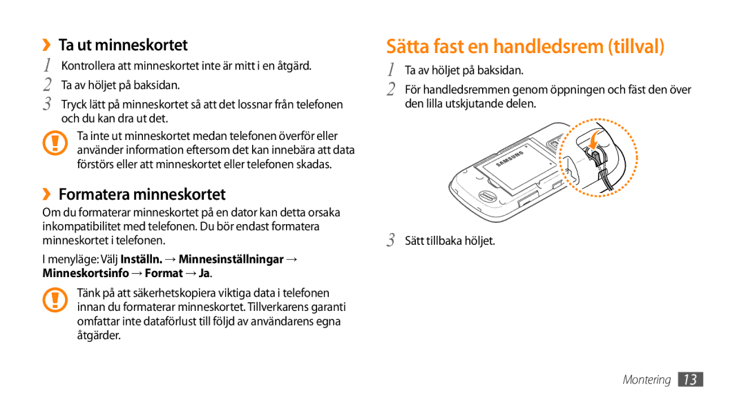 Samsung GT-B7722QKANEE, GT-B7722QKAXEE Sätta fast en handledsrem tillval, ››Ta ut minneskortet, ››Formatera minneskortet 