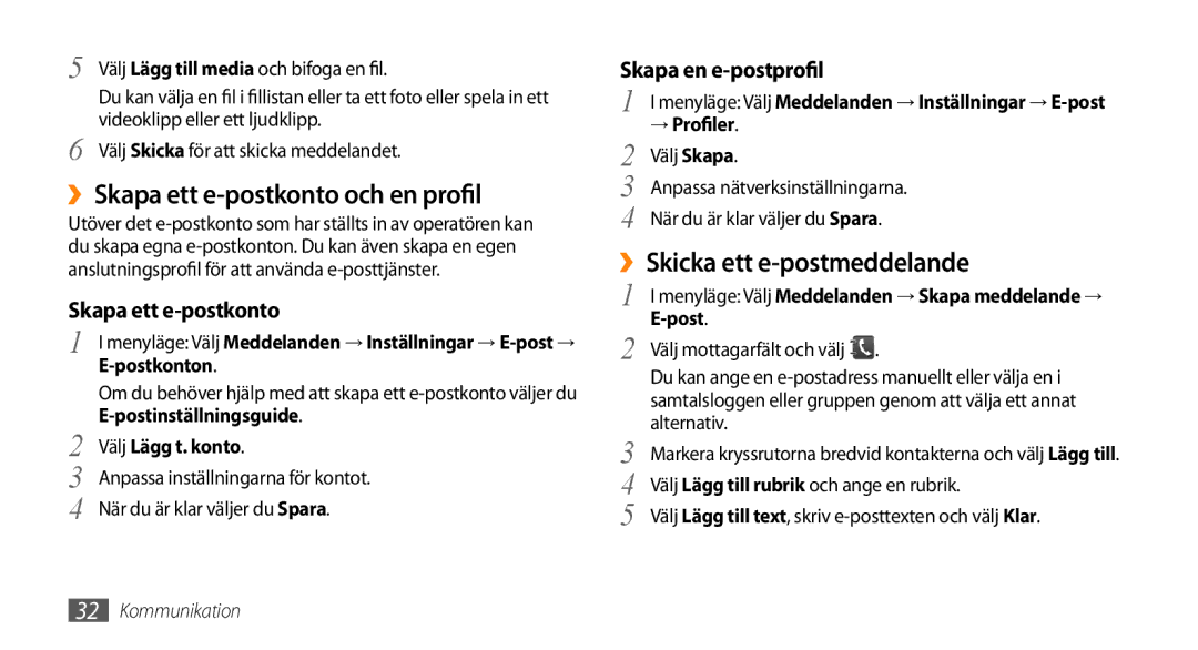 Samsung GT-B7722QKAXEE manual ››Skapa ett e-postkonto och en profil, ››Skicka ett e-postmeddelande, Skapa en e-postprofil 