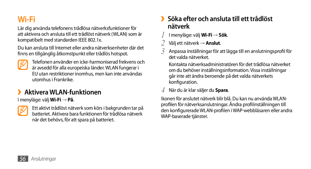 Samsung GT-B7722QKAXEE manual Wi-Fi, ››Aktivera WLAN-funktionen, ››Söka efter och ansluta till ett trådlöst nätverk 