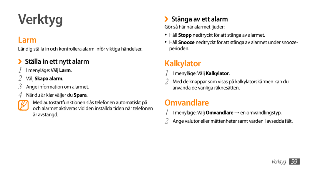 Samsung GT-B7722QKANEE, GT-B7722QKAXEE manual Verktyg, Larm, Kalkylator, Omvandlare 