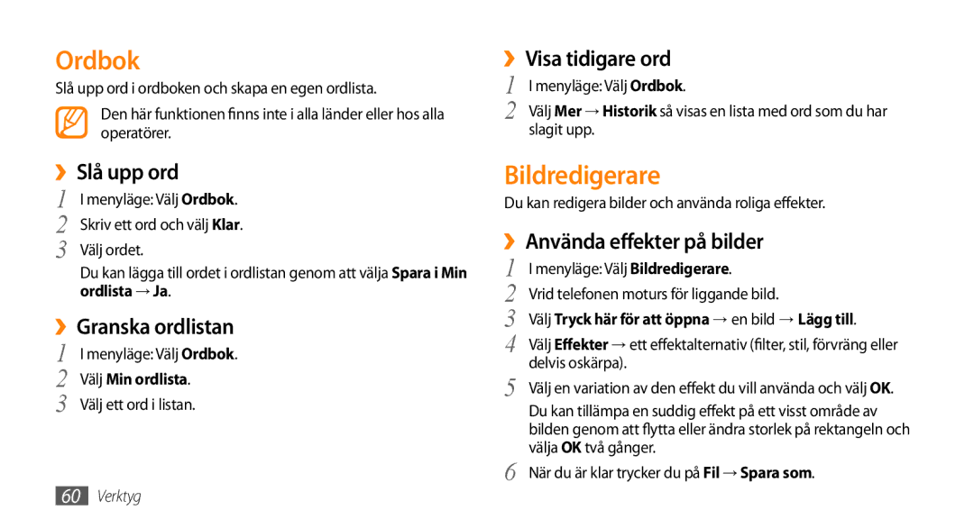 Samsung GT-B7722QKAXEE, GT-B7722QKANEE manual Ordbok, Bildredigerare 