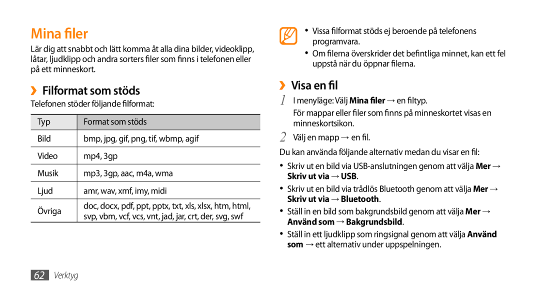 Samsung GT-B7722QKAXEE, GT-B7722QKANEE manual Mina filer, ››Filformat som stöds, ››Visa en fil 