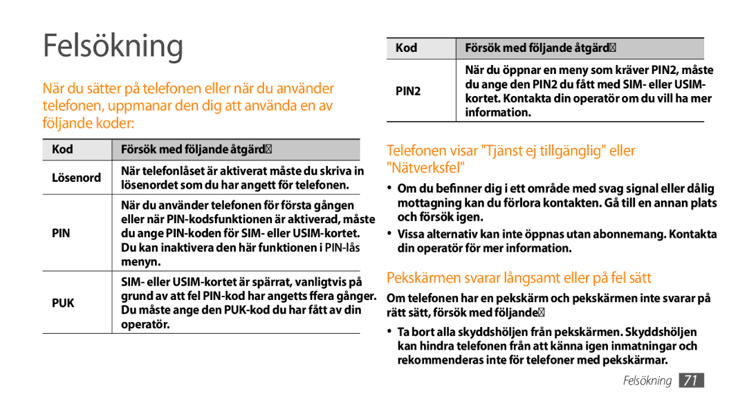 Samsung GT-B7722QKANEE, GT-B7722QKAXEE manual Felsökning, Telefonen visar Tjänst ej tillgänglig eller Nätverksfel 