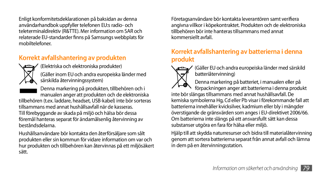 Samsung GT-B7722QKANEE Korrekt avfallshantering av produkten, Korrekt avfallshantering av batterierna i denna produkt 