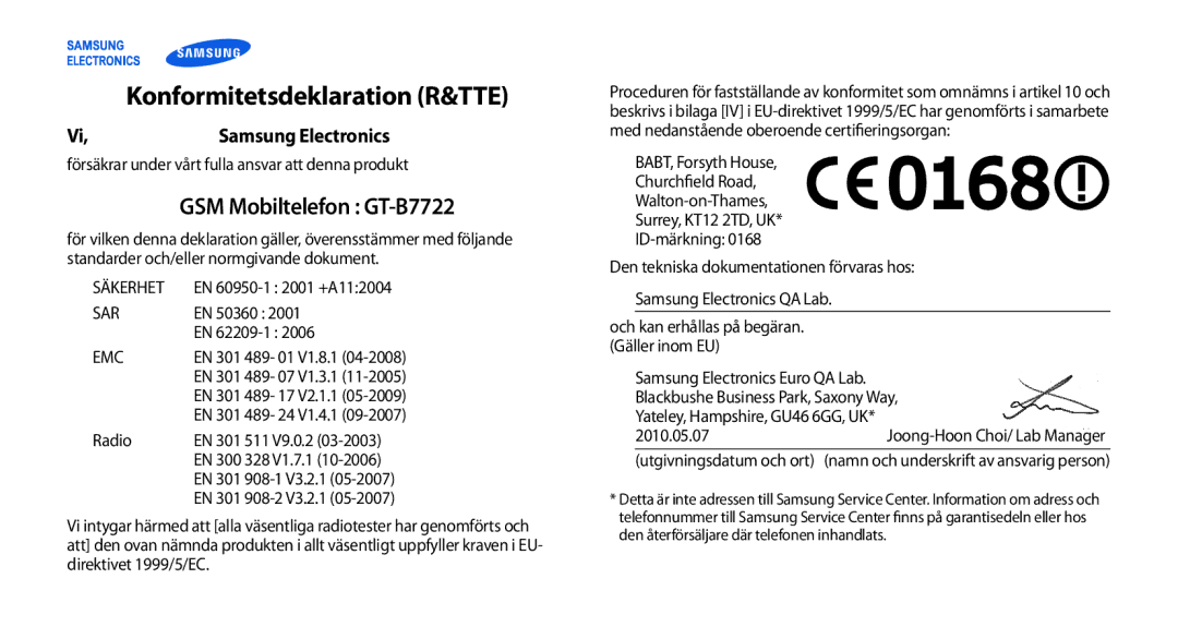 Samsung GT-B7722QKANEE, GT-B7722QKAXEE manual Konformitetsdeklaration R&TTE, Samsung Electronics 