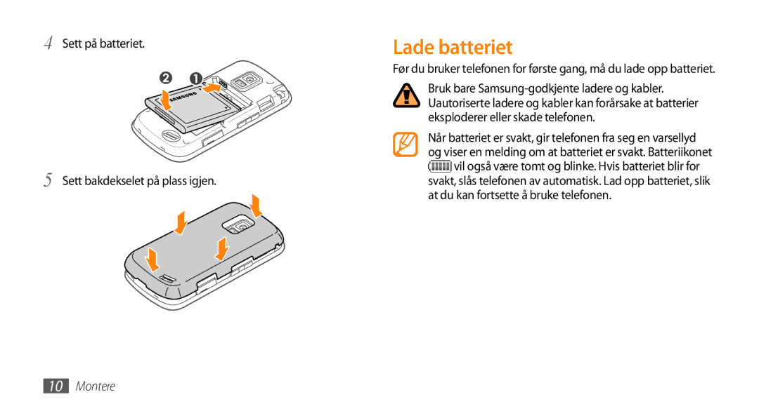 Samsung GT-B7722QKAXEE, GT-B7722QKANEE manual Lade batteriet, Sett på batteriet Sett bakdekselet på plass igjen 