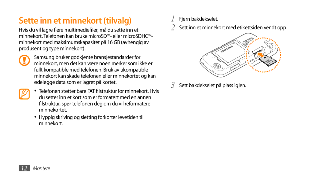 Samsung GT-B7722QKAXEE, GT-B7722QKANEE manual Sette inn et minnekort tilvalg 