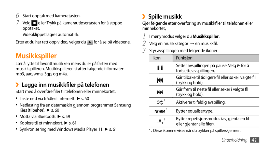 Samsung GT-B7722QKANEE, GT-B7722QKAXEE manual Musikkspiller, ››Legge inn musikkfiler på telefonen, ››Spille musikk 