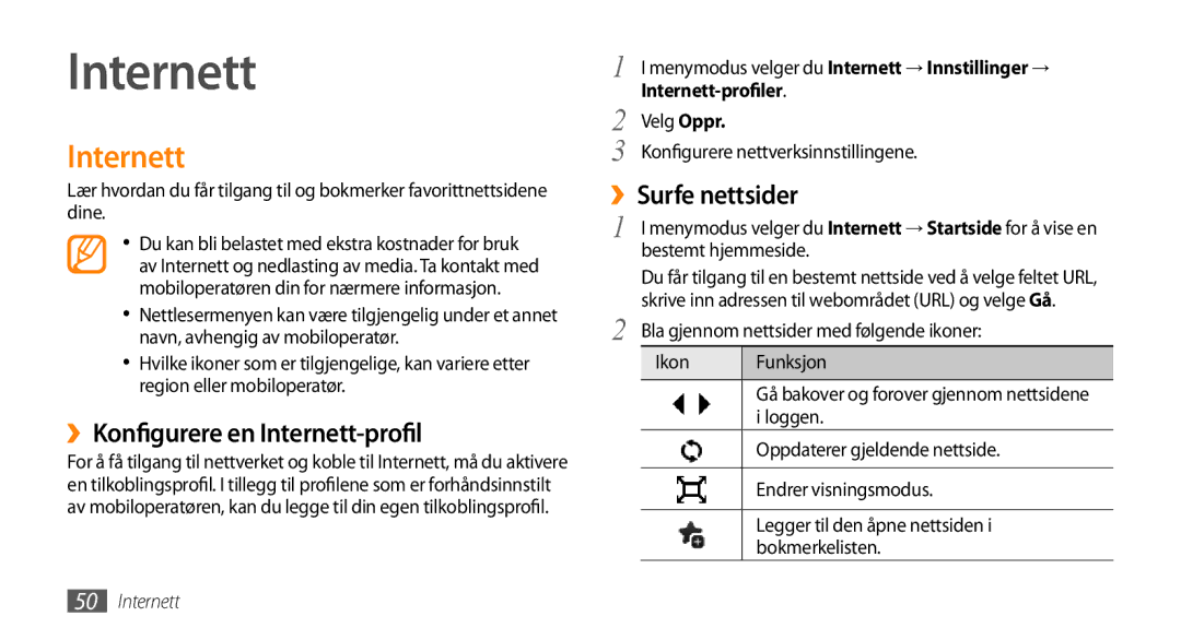 Samsung GT-B7722QKAXEE, GT-B7722QKANEE manual ››Konfigurere en Internett-profil, ››Surfe nettsider 