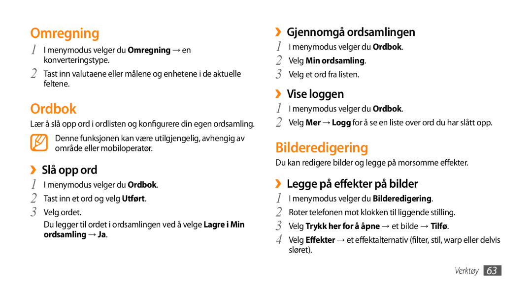 Samsung GT-B7722QKANEE, GT-B7722QKAXEE manual Omregning, Ordbok, Bilderedigering 