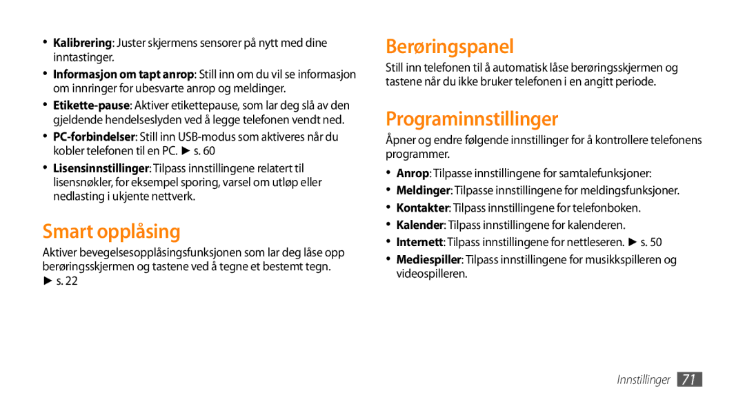 Samsung GT-B7722QKANEE, GT-B7722QKAXEE manual Smart opplåsing, Berøringspanel, Programinnstillinger 